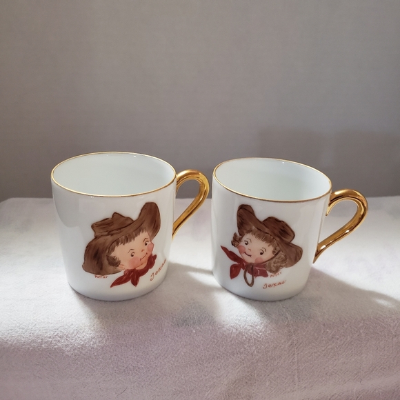 Super Cute Little Porcelain Mugs With a Boy and Girl in Western Wear from Texas - Picture 2 of 7